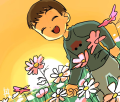 万智のイラスト　イッチ君とコスモス.jpg
